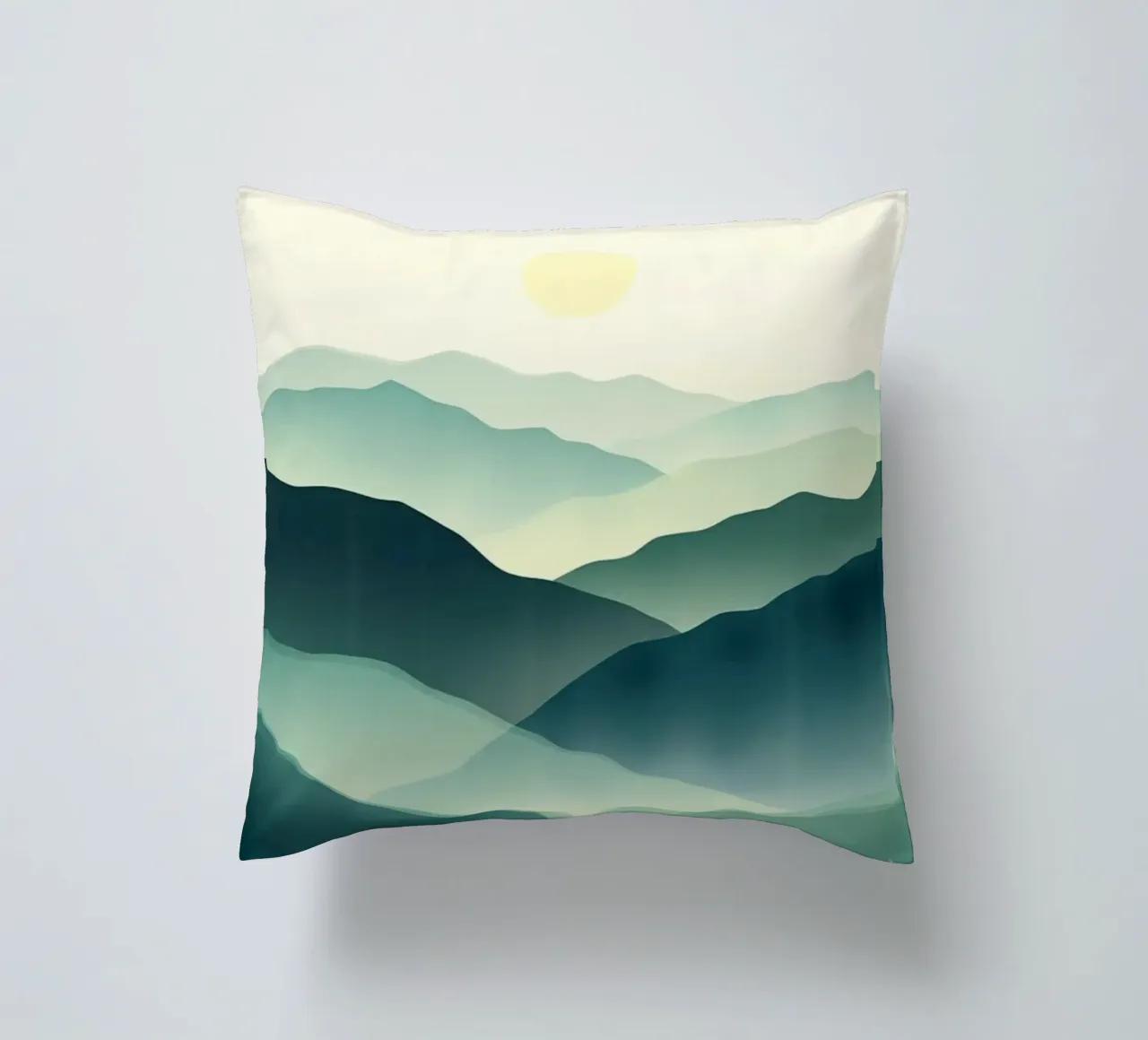 Un paesaggio astratto di cime ondulate e un sole gentile cuscino da Artistic-shop