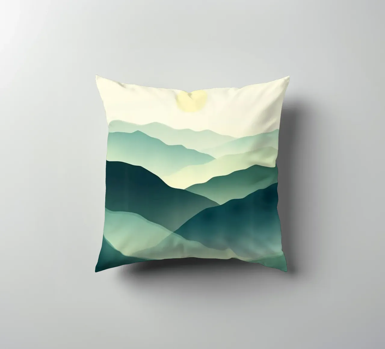 Un paesaggio astratto di cime ondulate e un sole gentile cuscino da Artistic-shop