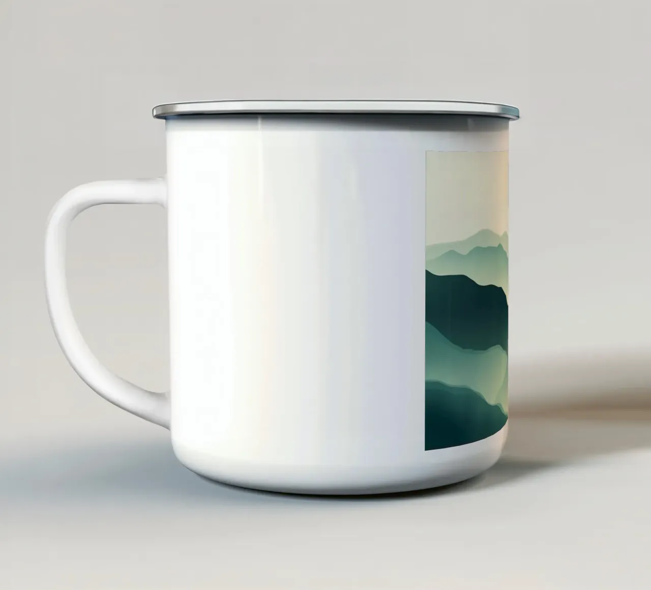 Un paesaggio astratto di cime ondulate e un sole gentile tazza in smalto da Artistic-shop