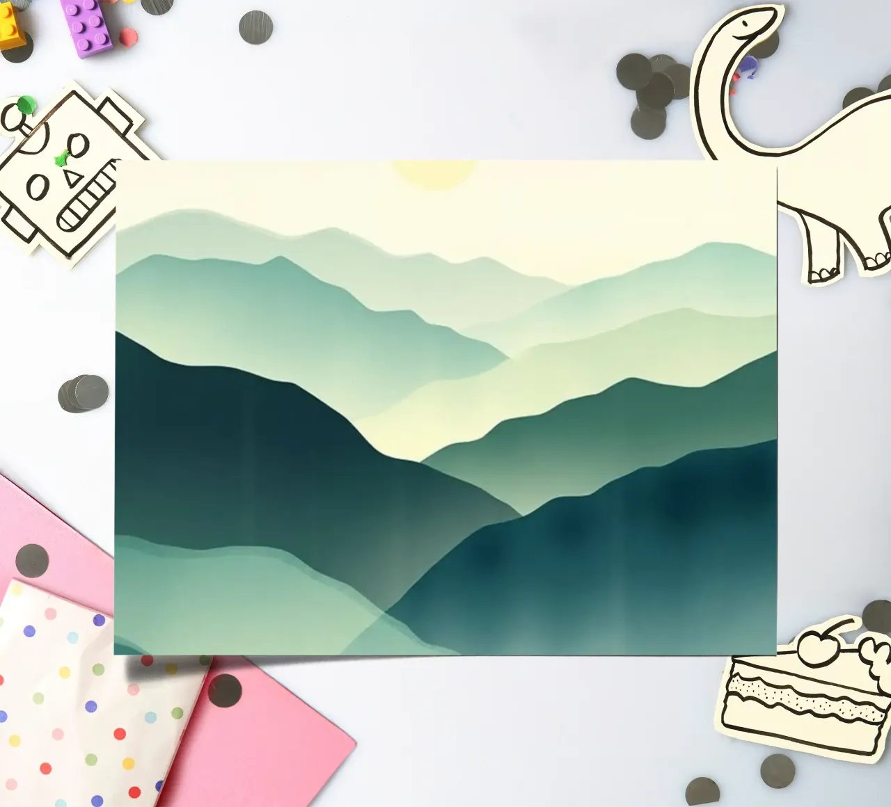 Un paesaggio astratto di cime ondulate e un sole gentile foglio adesivo da Artistic-shop
