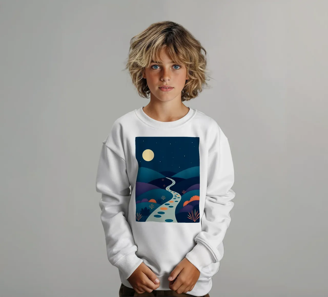 A Serene Path Under the Full Moon and Twinkling Stars kids sweatshirt by Artistic-shop