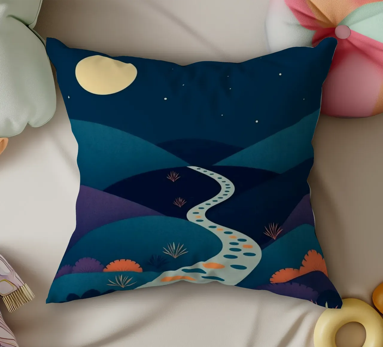 A Serene Path Under the Full Moon and Twinkling Stars decorative cushion by Artistic-shop