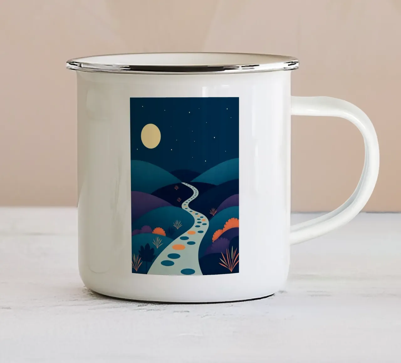 A Serene Path Under the Full Moon and Twinkling Stars enamel mug by Artistic-shop