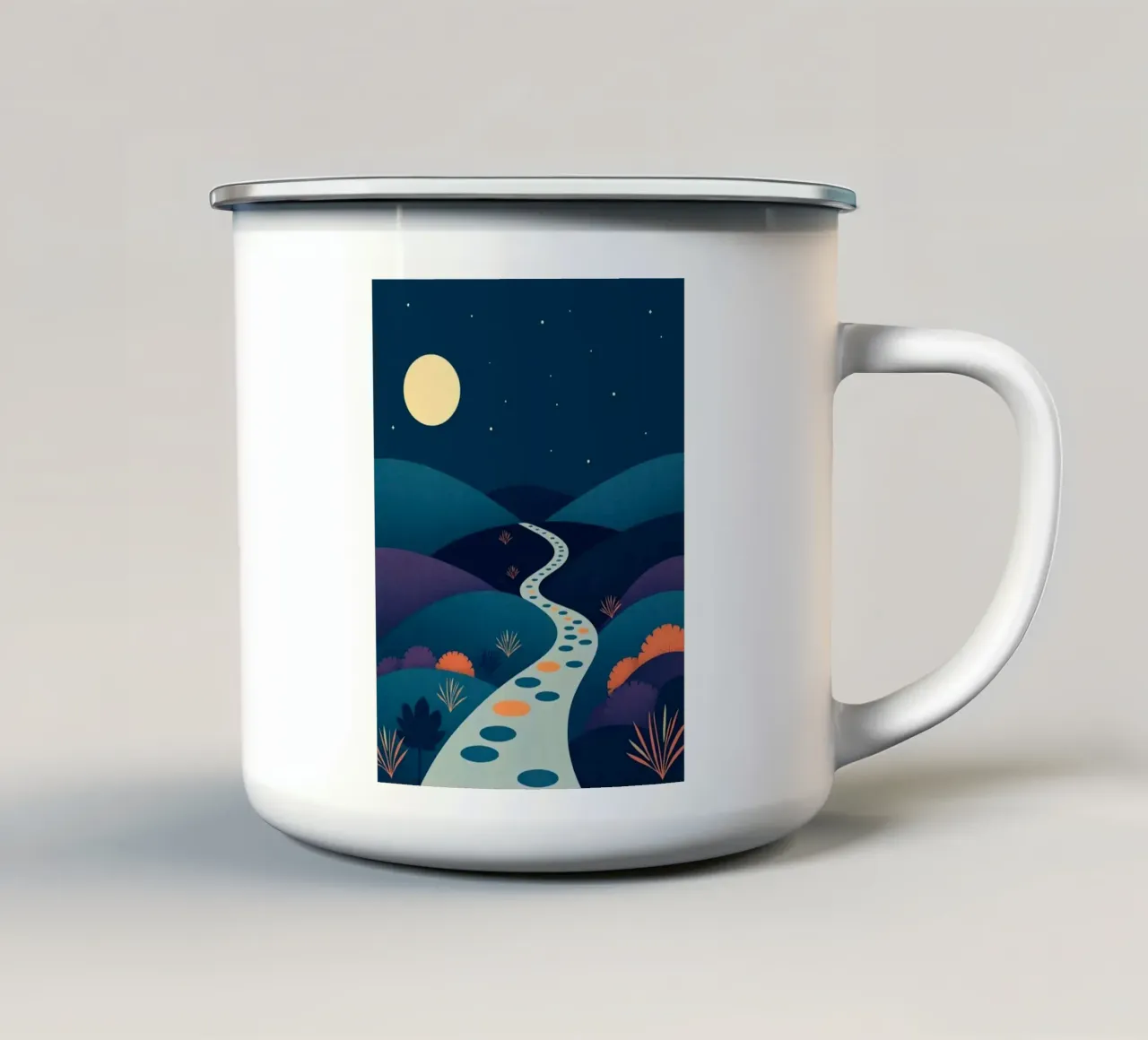 A Serene Path Under the Full Moon and Twinkling Stars enamel mug by Artistic-shop