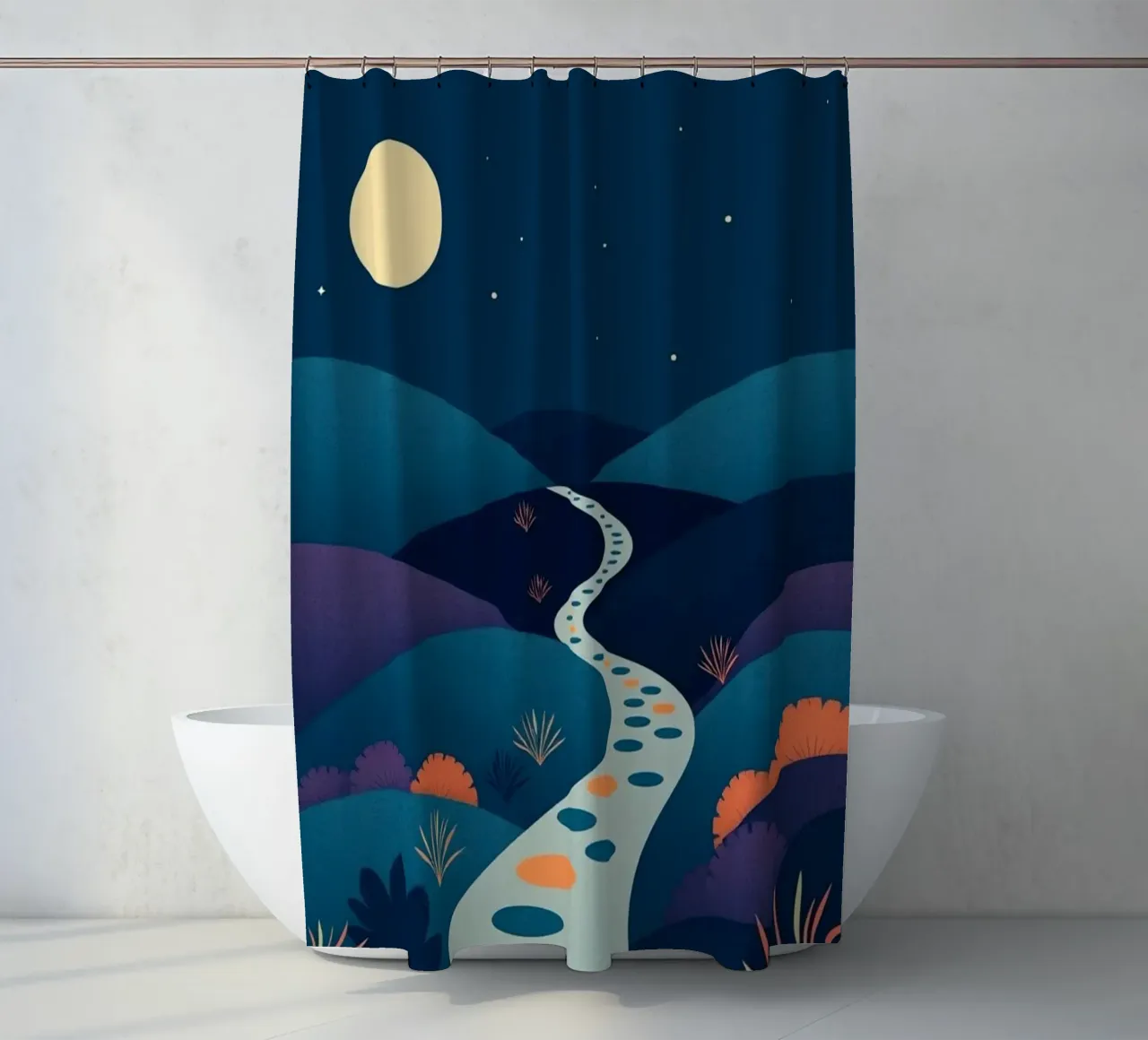 Un chemin serein sous la pleine lune et les étoiles scintillantes rideau de douche de Artistic-shop