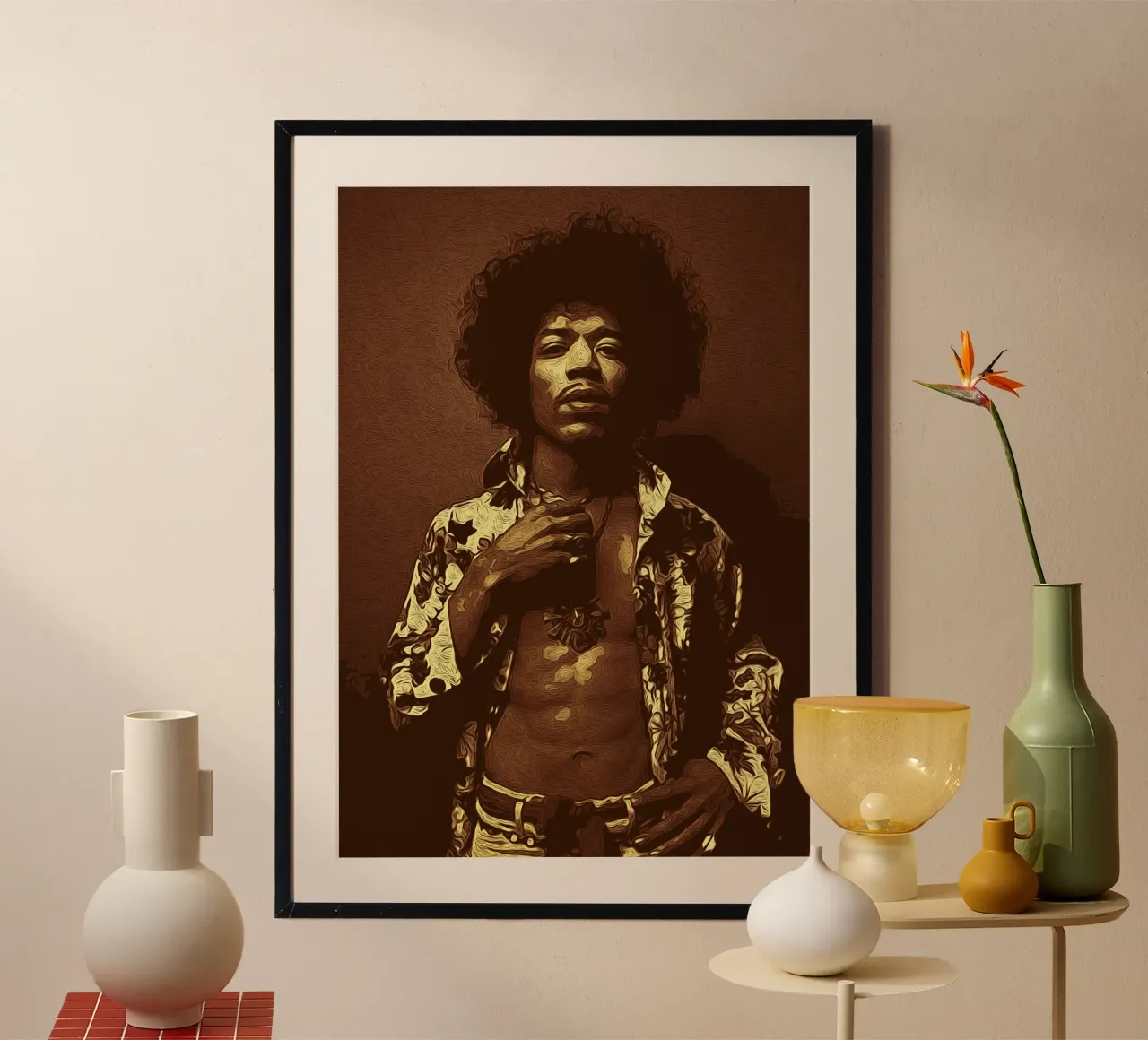 Cantante americano d'epoca Jimi Hendrix poster con telaio in alluminio da singpentinksale