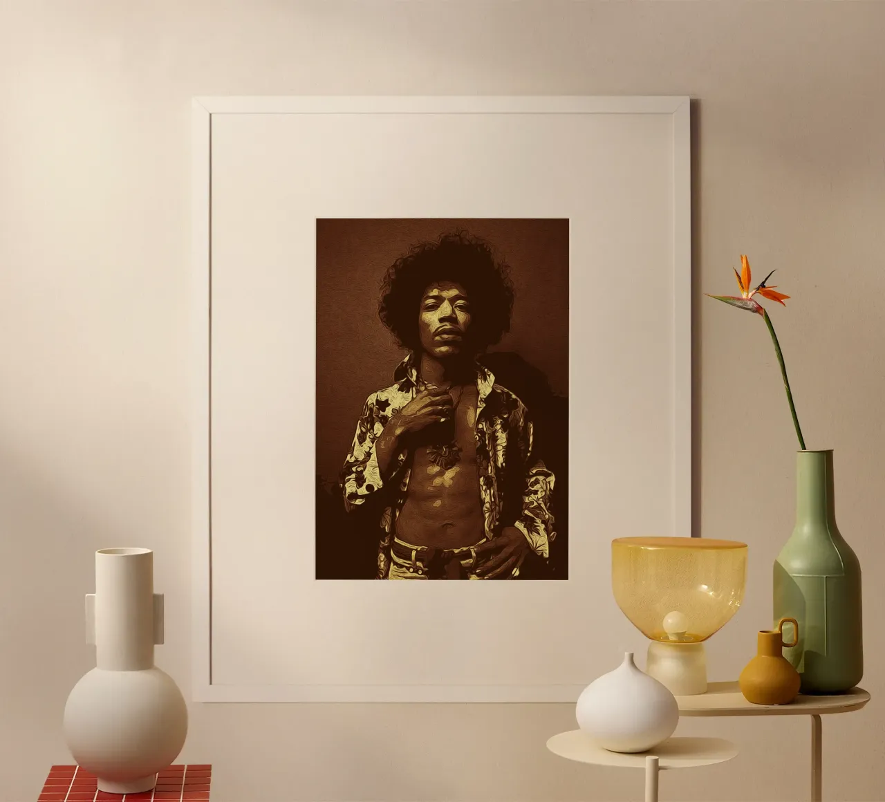 Cantante americano d'epoca Jimi Hendrix poster con telaio in alluminio da singpentinksale