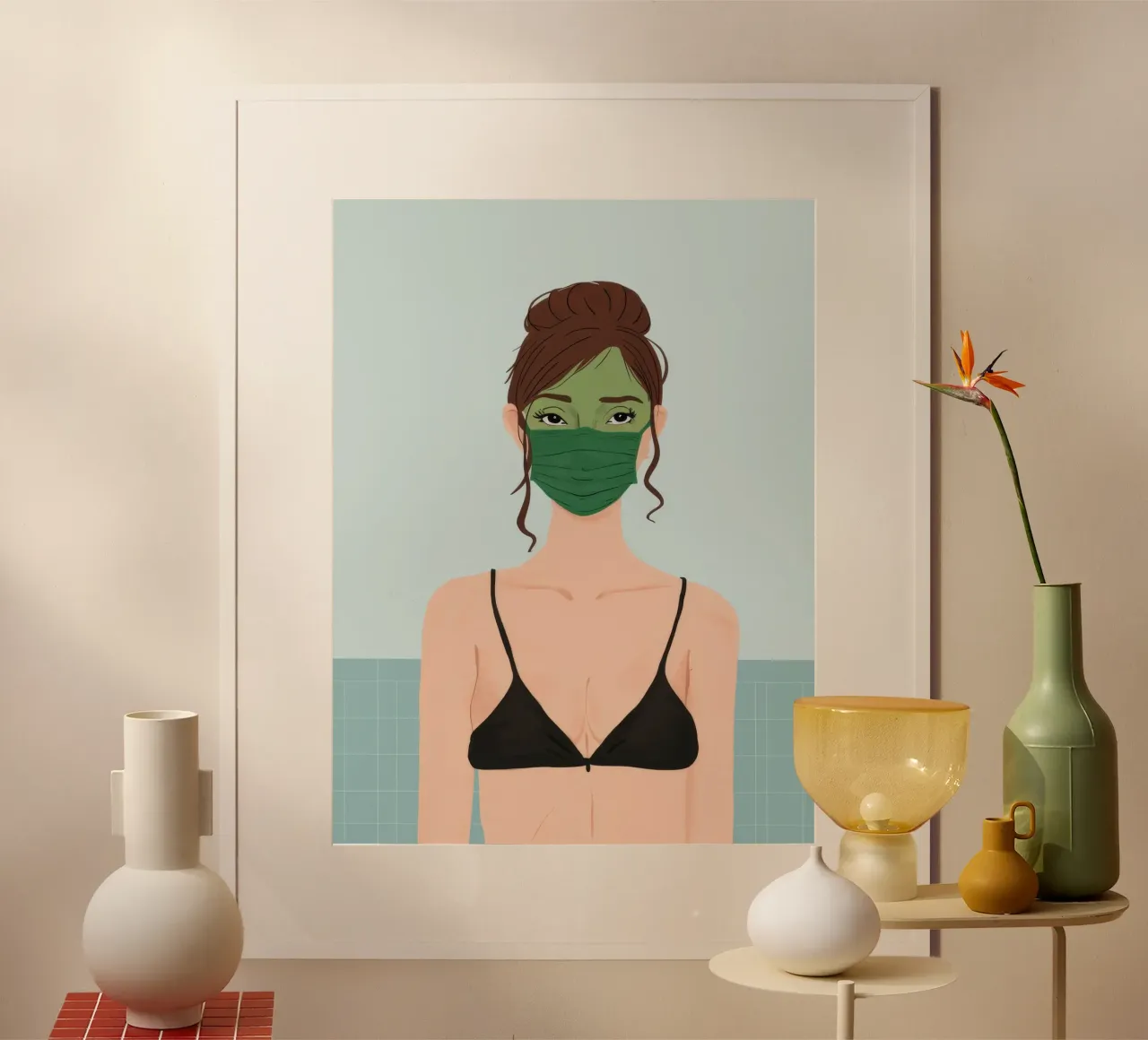 Maschera verde per l'autocura poster con telaio in legno da Peak Delusion