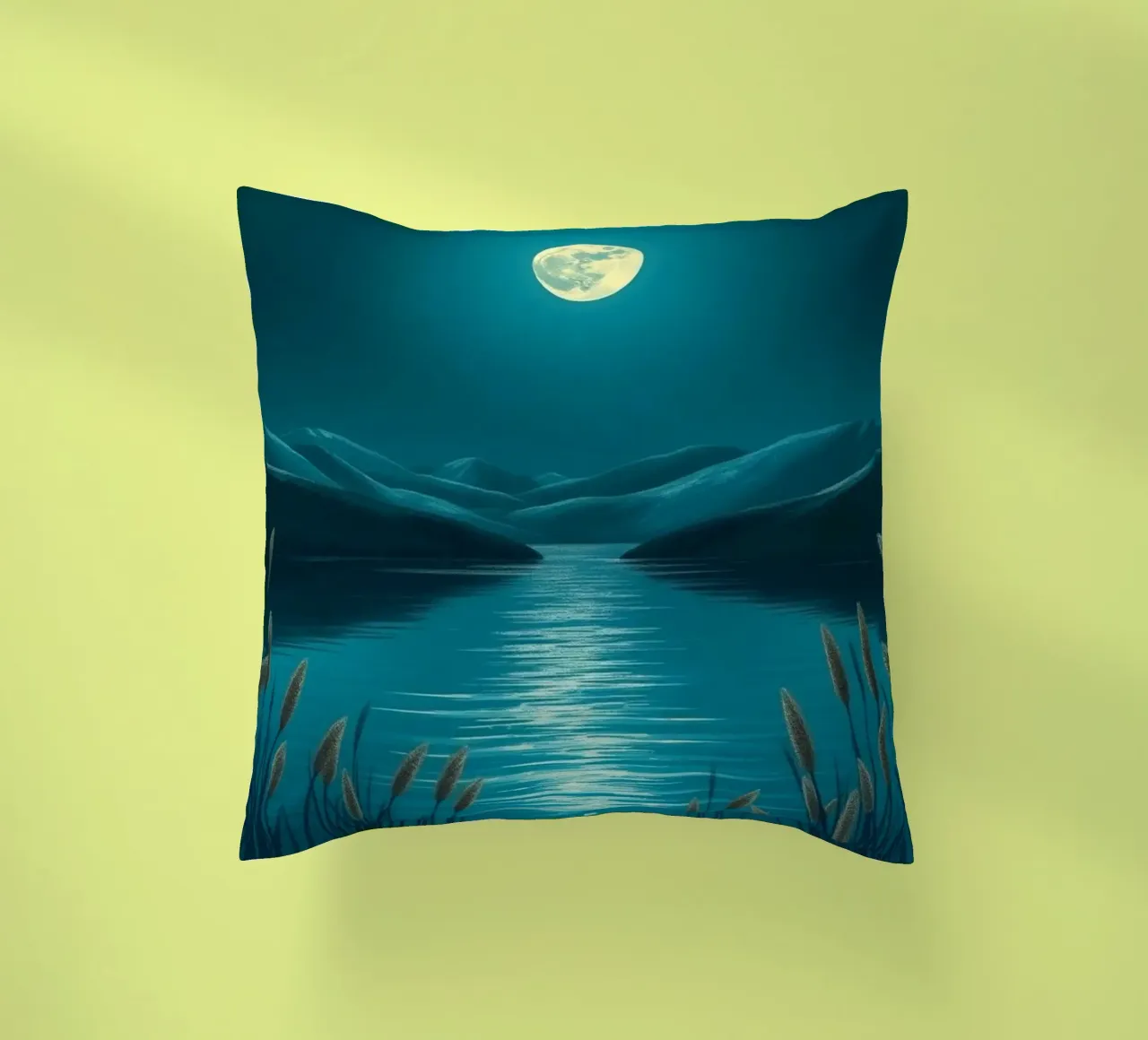 A Serene Moonlit Lake Amidst Whispering Reeds decorative cushion by Artistic-shop