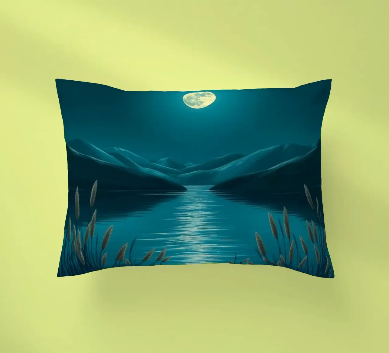 A Serene Moonlit Lake Amidst Whispering Reeds decorative cushion by Artistic-shop