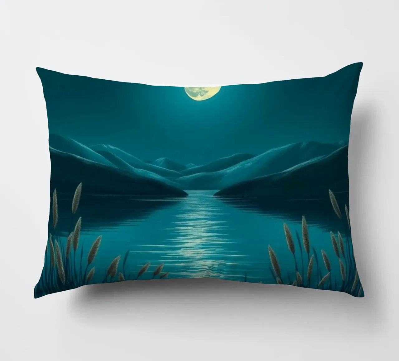 A Serene Moonlit Lake Amidst Whispering Reeds decorative cushion by Artistic-shop
