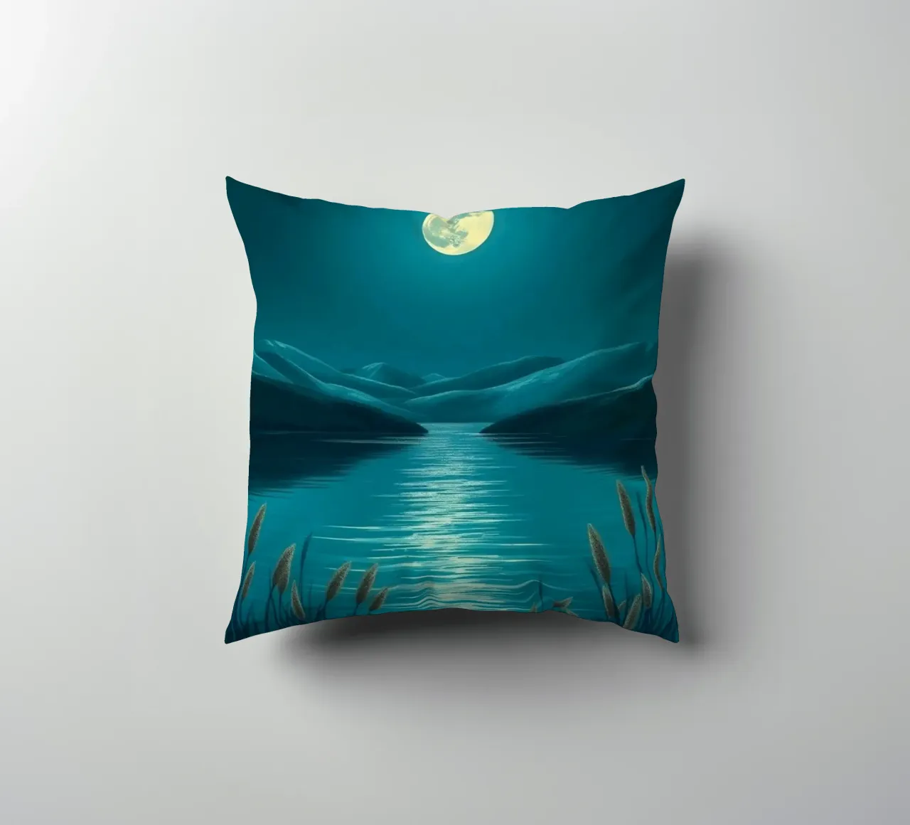 A Serene Moonlit Lake Amidst Whispering Reeds decorative cushion by Artistic-shop