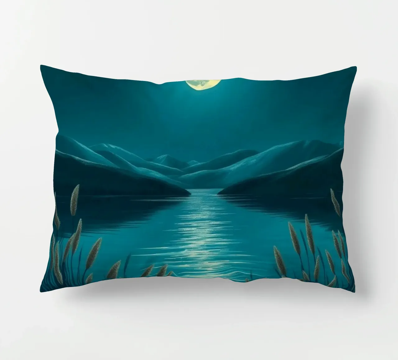 A Serene Moonlit Lake Amidst Whispering Reeds decorative cushion by Artistic-shop