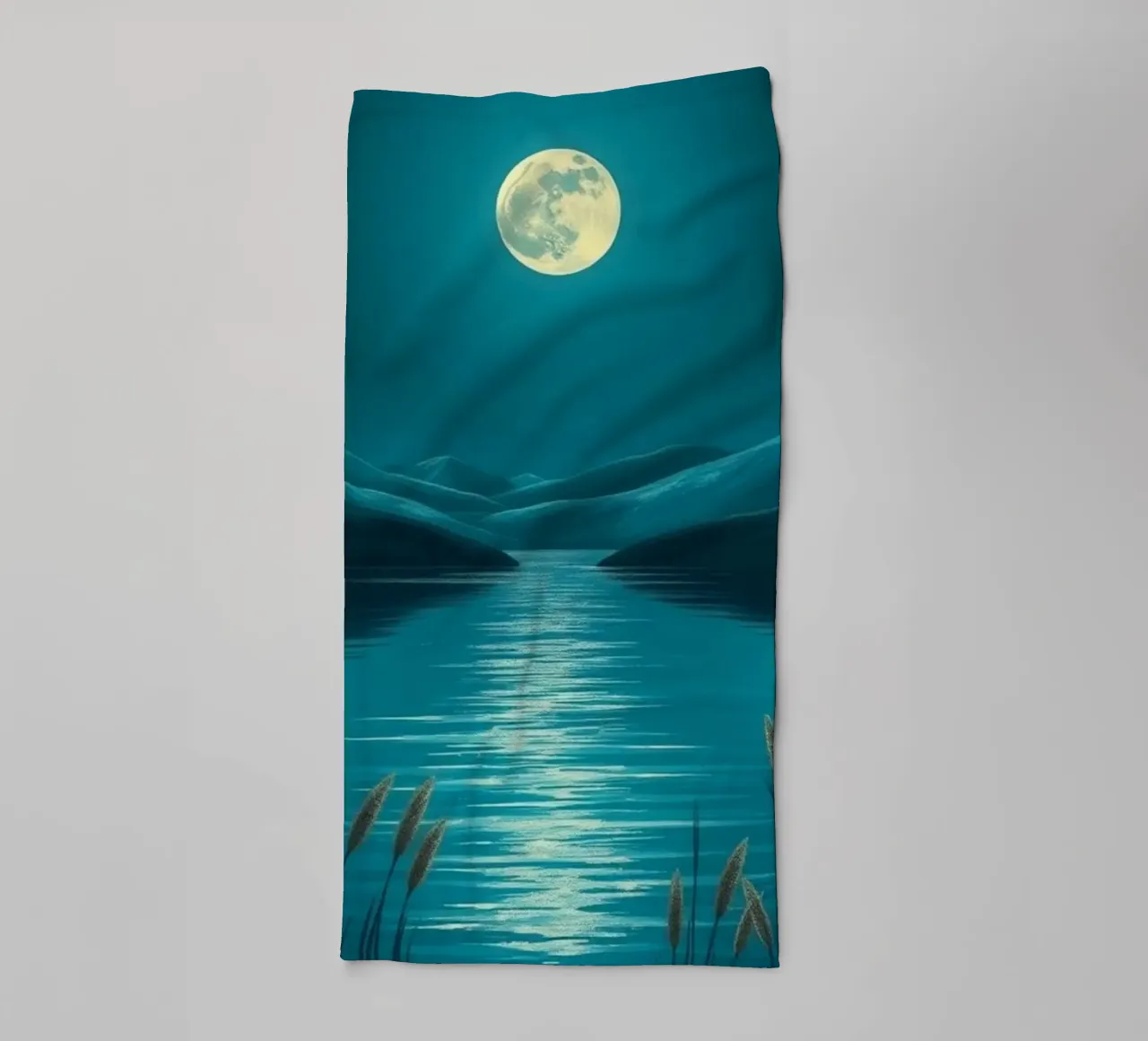 A Serene Moonlit Lake Amidst Whispering Reeds towel by Artistic-shop