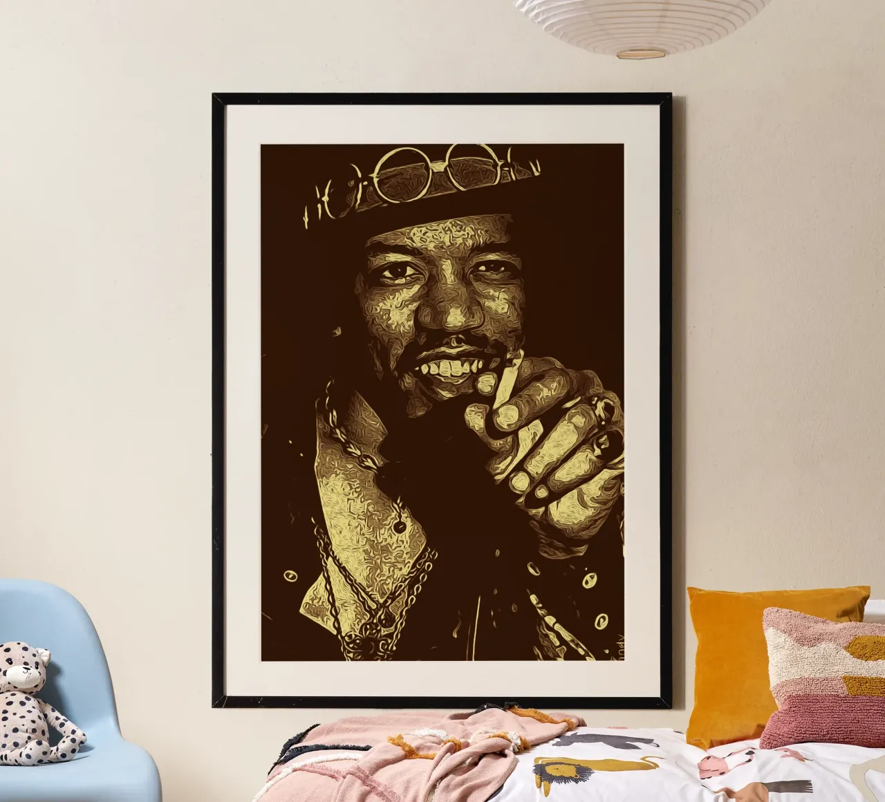 Il cantante americano degli anni '70 Jimi Hendrix poster da singpentinksale