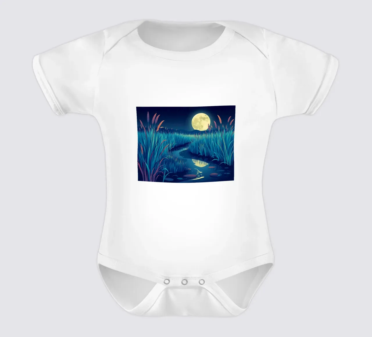 Un río susurrante entre juncos bajo una dorada luna llena body de bebé de Artistic-shop
