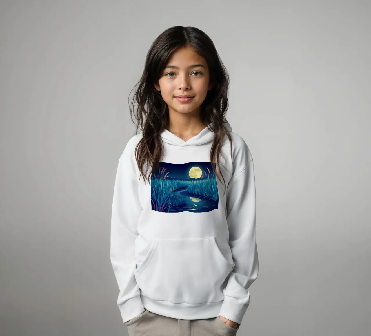 Un fiume che sussurra tra le canne sotto una luna piena dorata felpa bambino con cappuccio da Artistic-shop