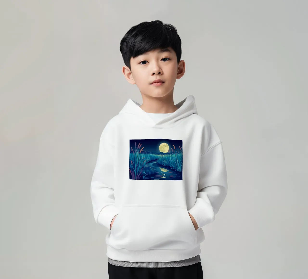 Un fiume che sussurra tra le canne sotto una luna piena dorata felpa bambino con cappuccio da Artistic-shop