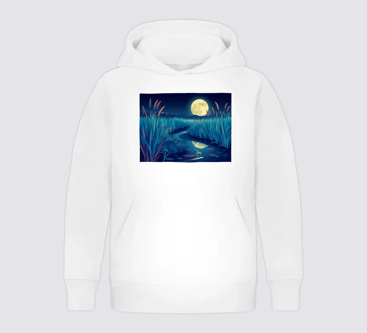 Un fiume che sussurra tra le canne sotto una luna piena dorata felpa bambino con cappuccio da Artistic-shop