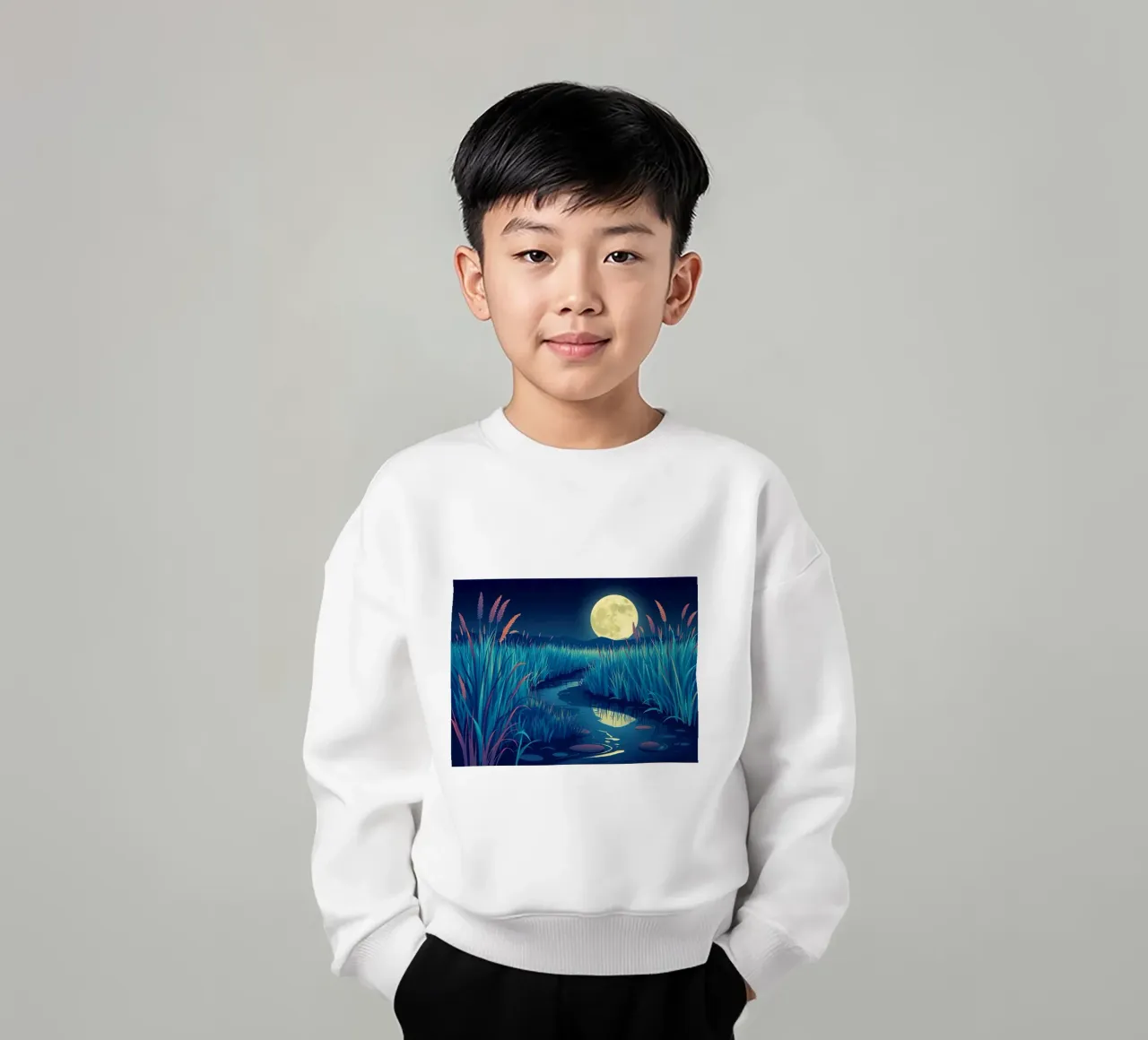 Un río susurrante entre juncos bajo una dorada luna llena sudadera para niño de Artistic-shop