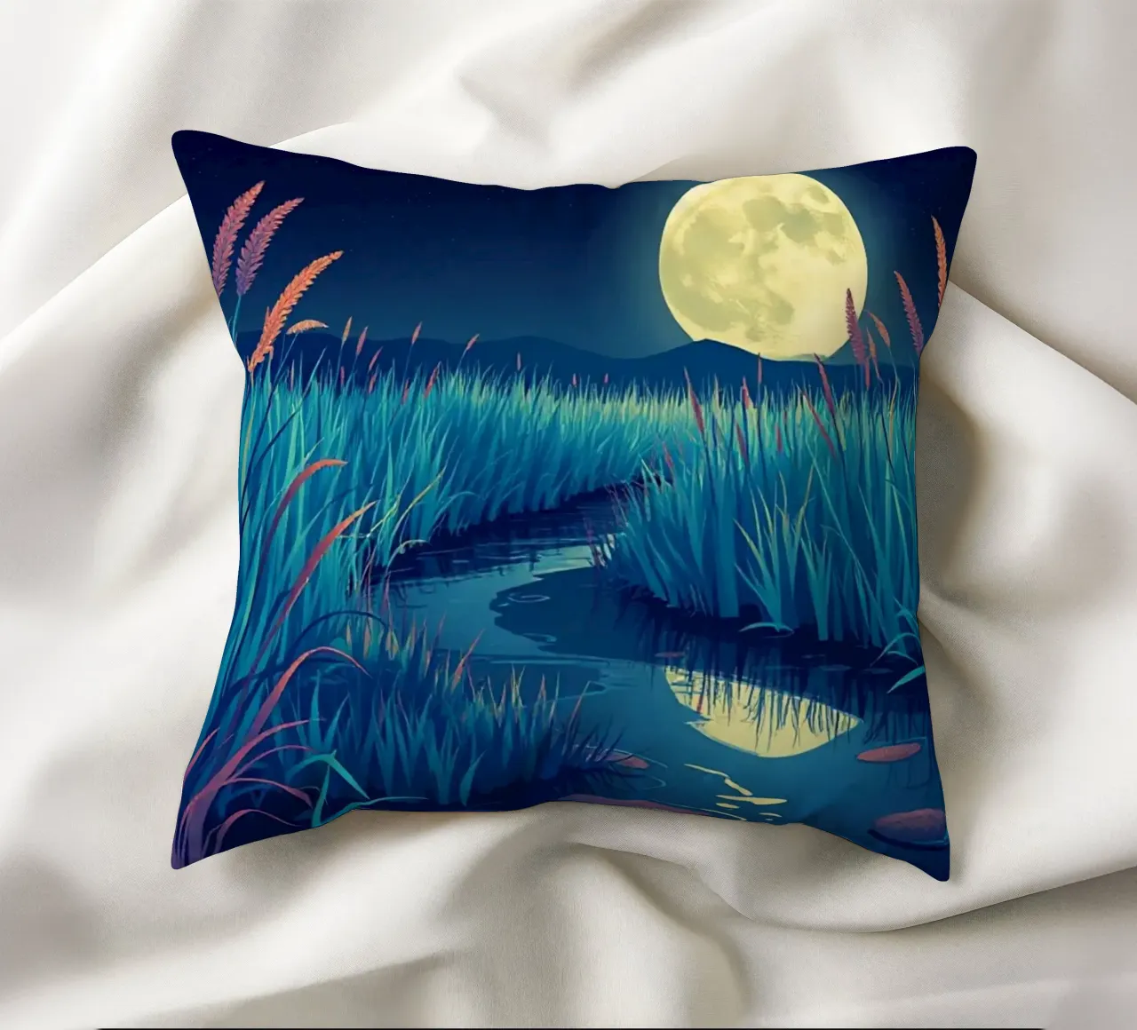 Un fiume che sussurra tra le canne sotto una luna piena dorata cuscino da Artistic-shop