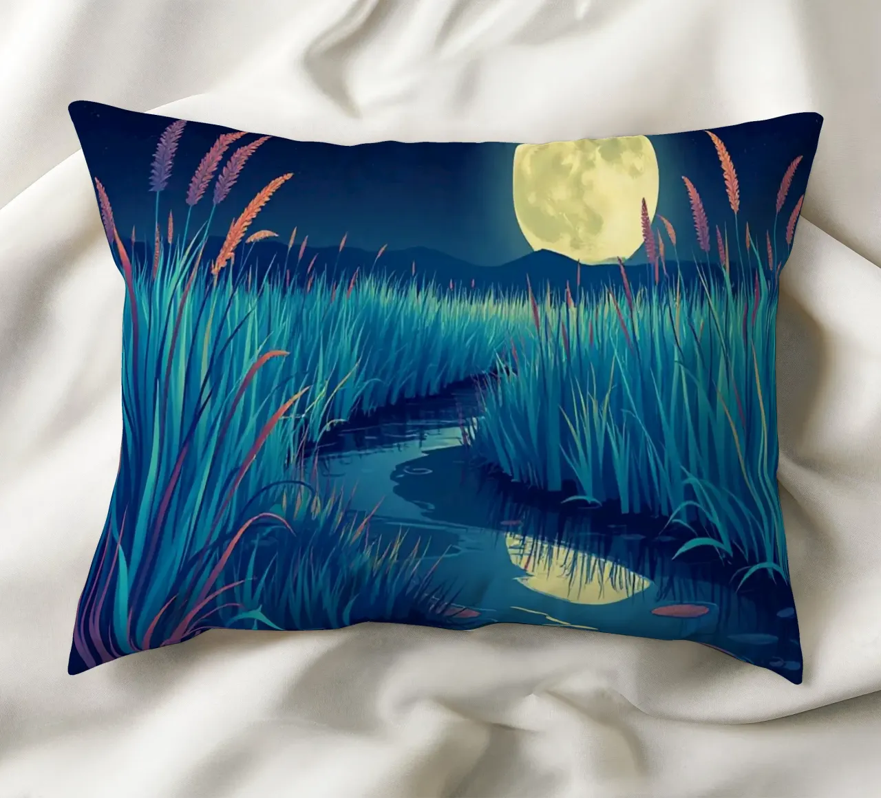 Un fiume che sussurra tra le canne sotto una luna piena dorata cuscino da Artistic-shop