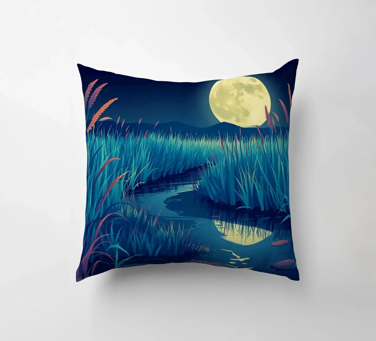 Un fiume che sussurra tra le canne sotto una luna piena dorata cuscino da Artistic-shop