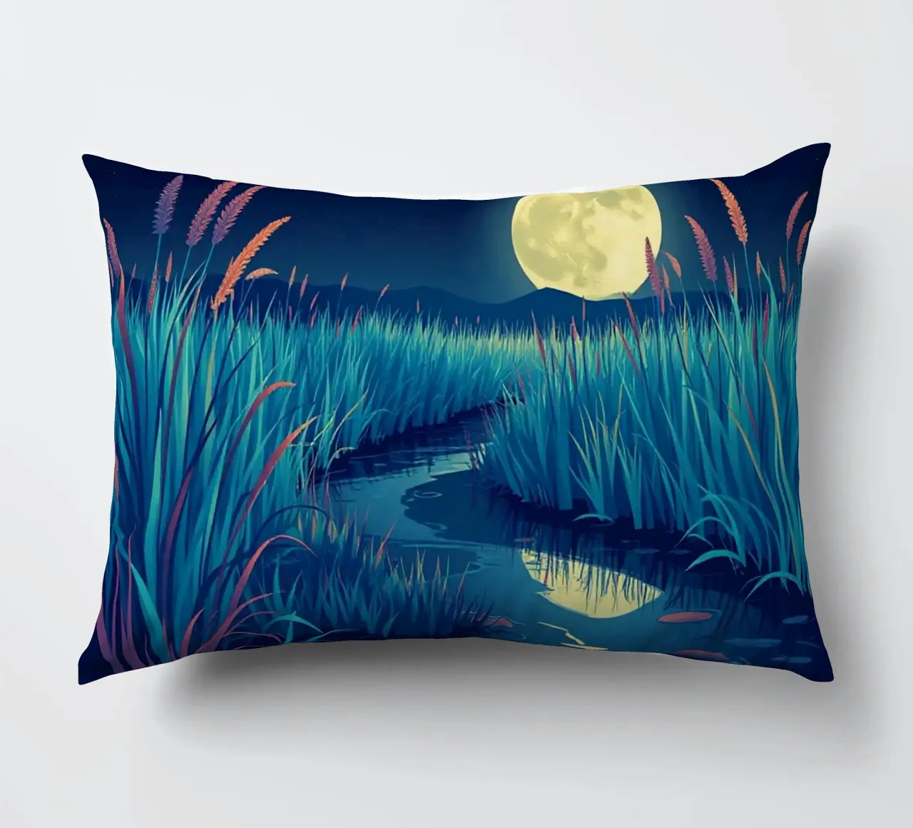 Un fiume che sussurra tra le canne sotto una luna piena dorata cuscino da Artistic-shop