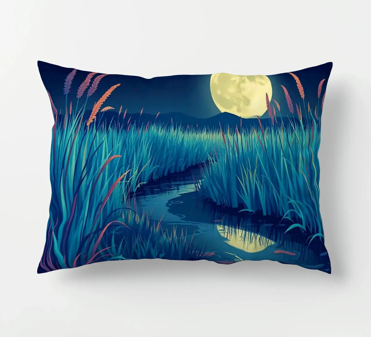 Un fiume che sussurra tra le canne sotto una luna piena dorata cuscino da Artistic-shop
