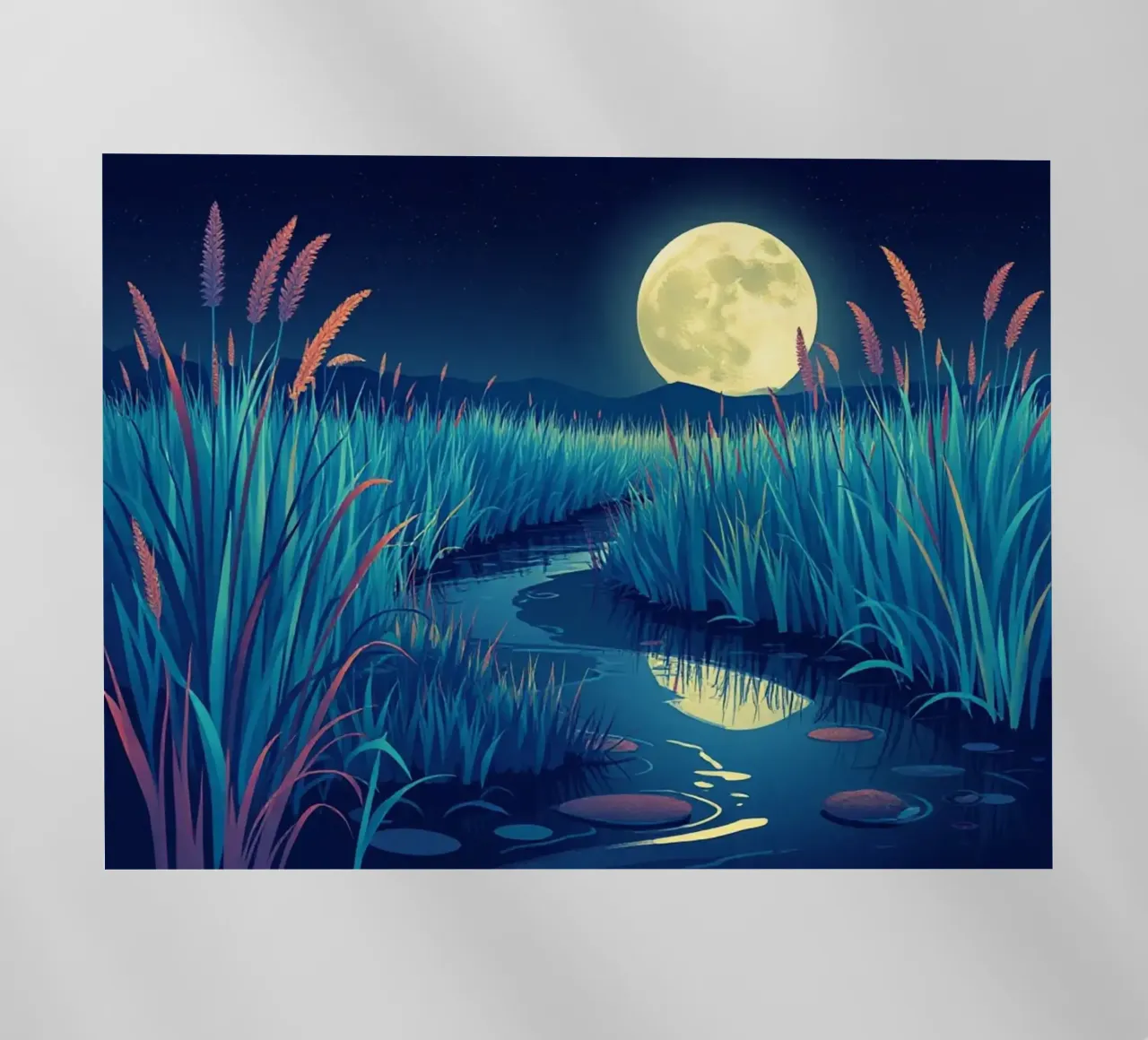 Un fiume che sussurra tra le canne sotto una luna piena dorata pellicola backlit da Artistic-shop