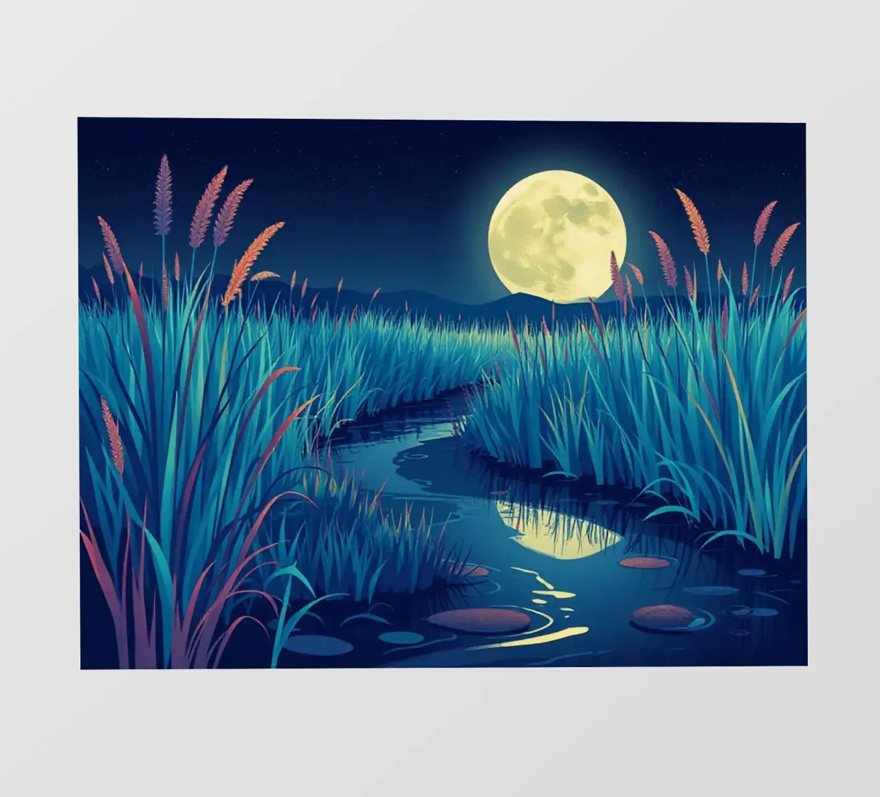 Un fiume che sussurra tra le canne sotto una luna piena dorata pellicola backlit da Artistic-shop