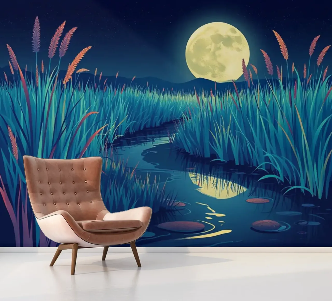 Un río susurrante entre juncos bajo una dorada luna llena papel para pared de Artistic-shop