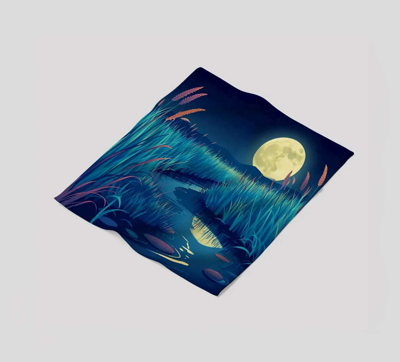 Un fiume che sussurra tra le canne sotto una luna piena dorata coperta in pile da Artistic-shop