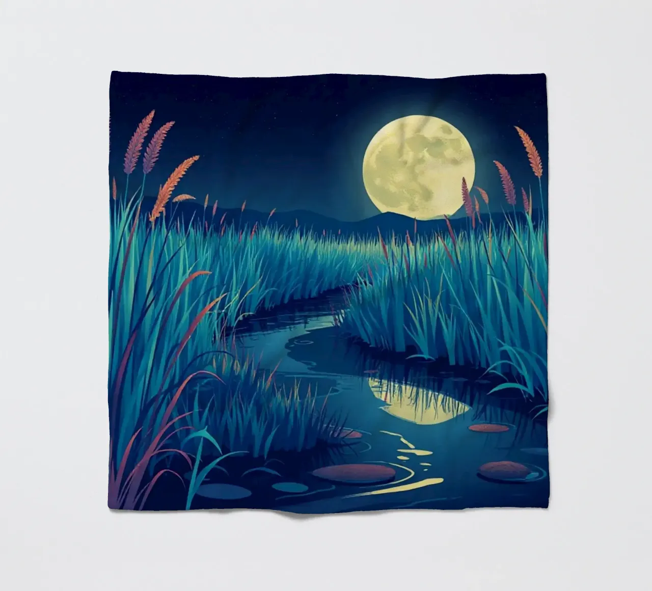 Un fiume che sussurra tra le canne sotto una luna piena dorata coperta in pile da Artistic-shop