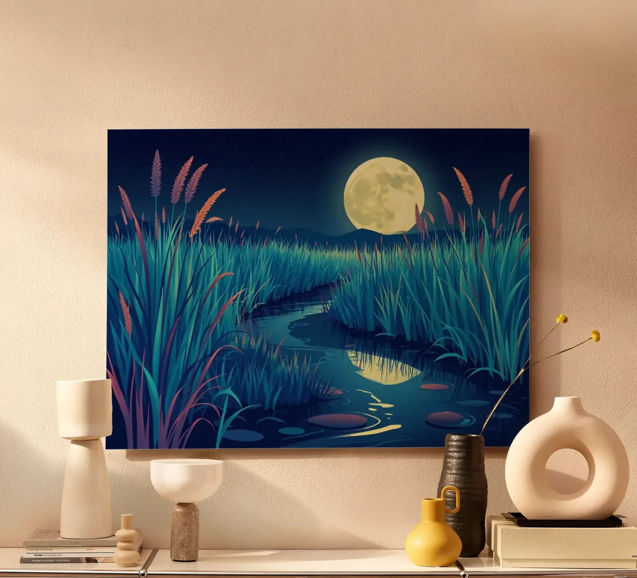 Un fiume che sussurra tra le canne sotto una luna piena dorata alluminio dibond da Artistic-shop
