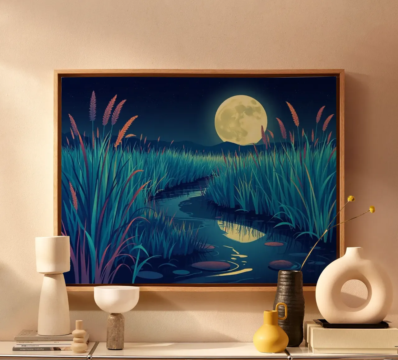 Un río susurrante entre juncos bajo una dorada luna llena lienzo de Artistic-shop