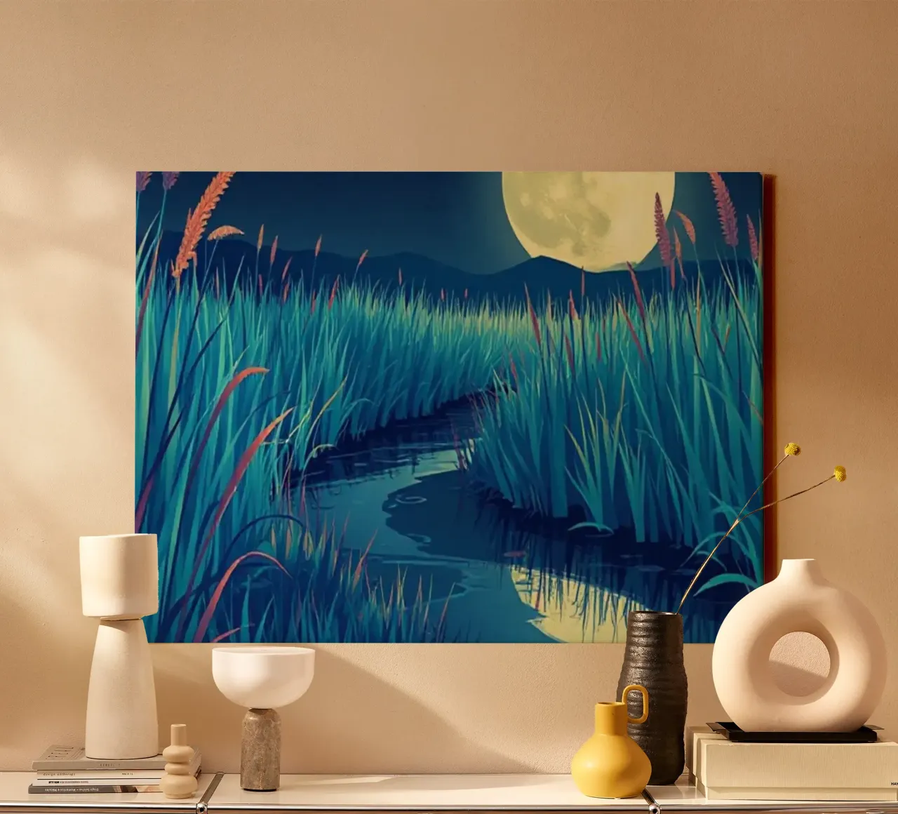 Un río susurrante entre juncos bajo una dorada luna llena lienzo de Artistic-shop
