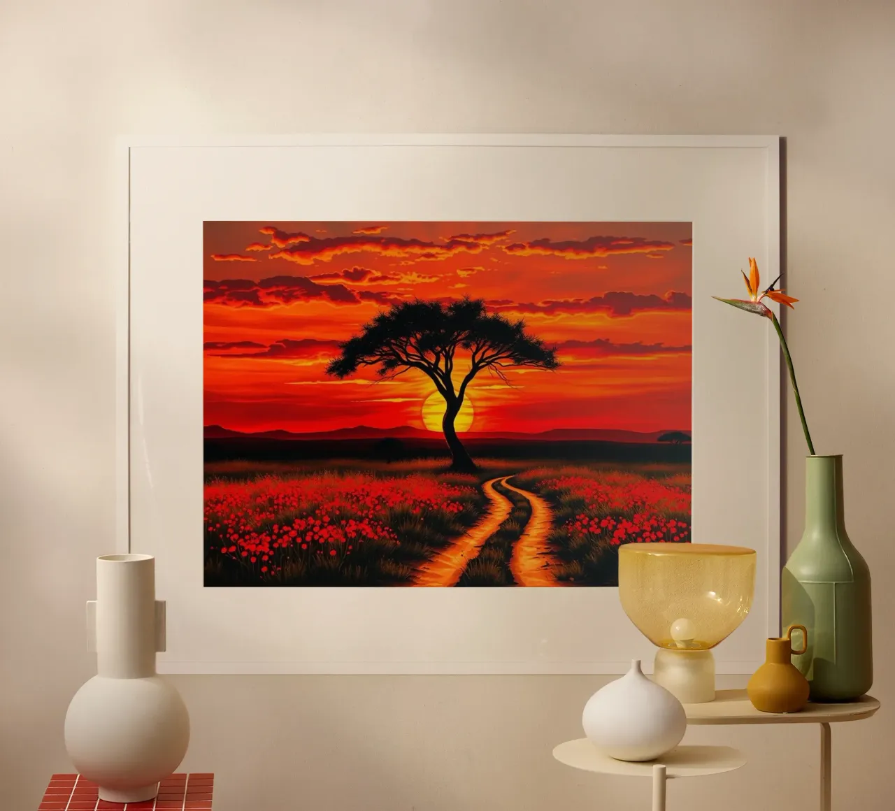 Un albero di acacia solitario si staglia contro un cielo arancione acceso poster da Artistic-shop