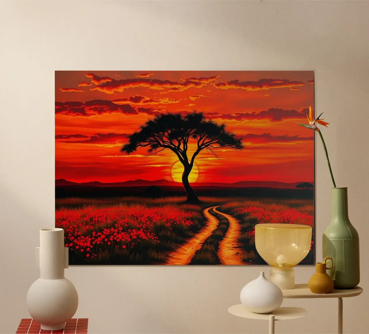 Un albero di acacia solitario si staglia contro un cielo arancione acceso poster da Artistic-shop