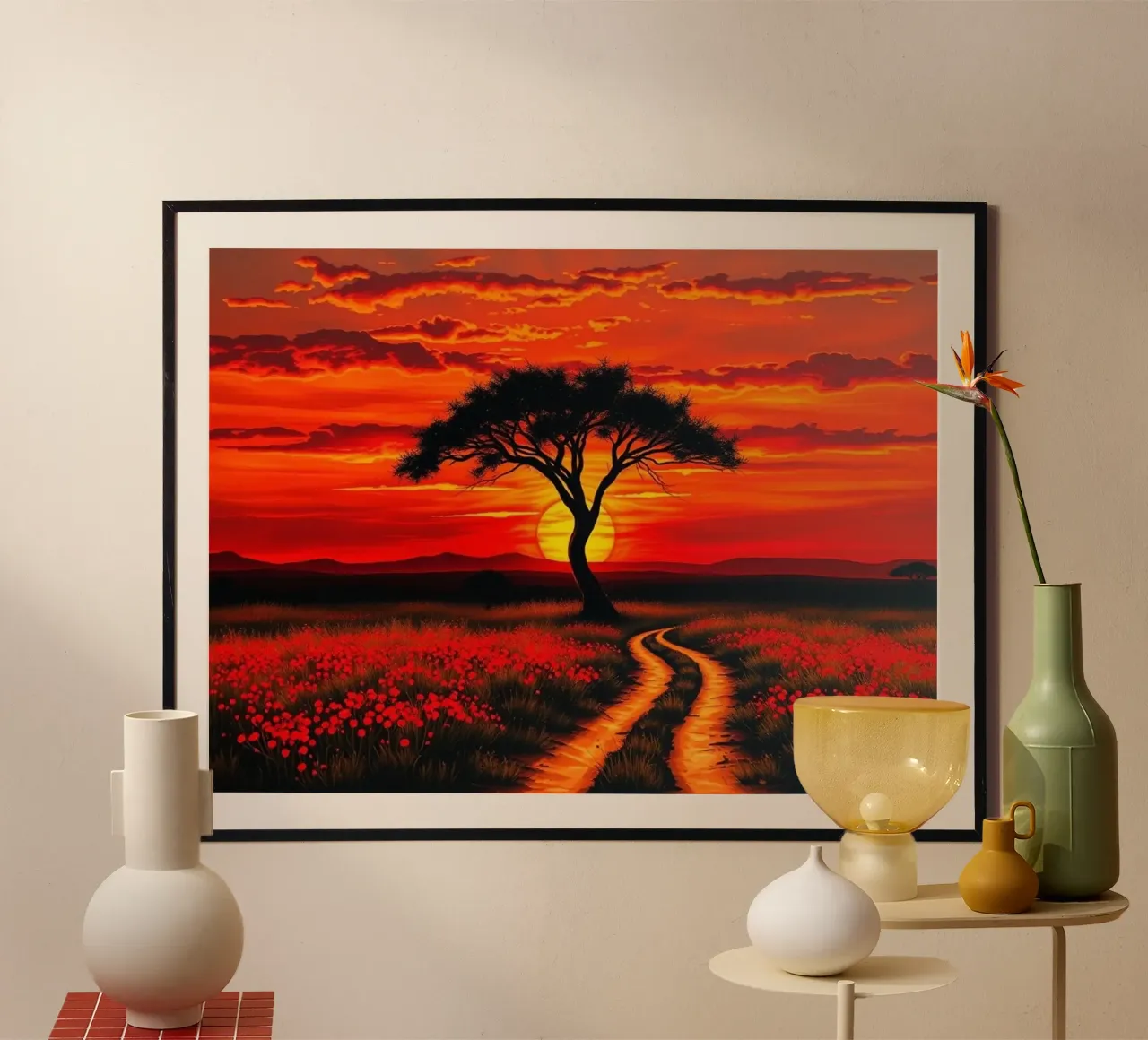 Un albero di acacia solitario si staglia contro un cielo arancione acceso poster da Artistic-shop