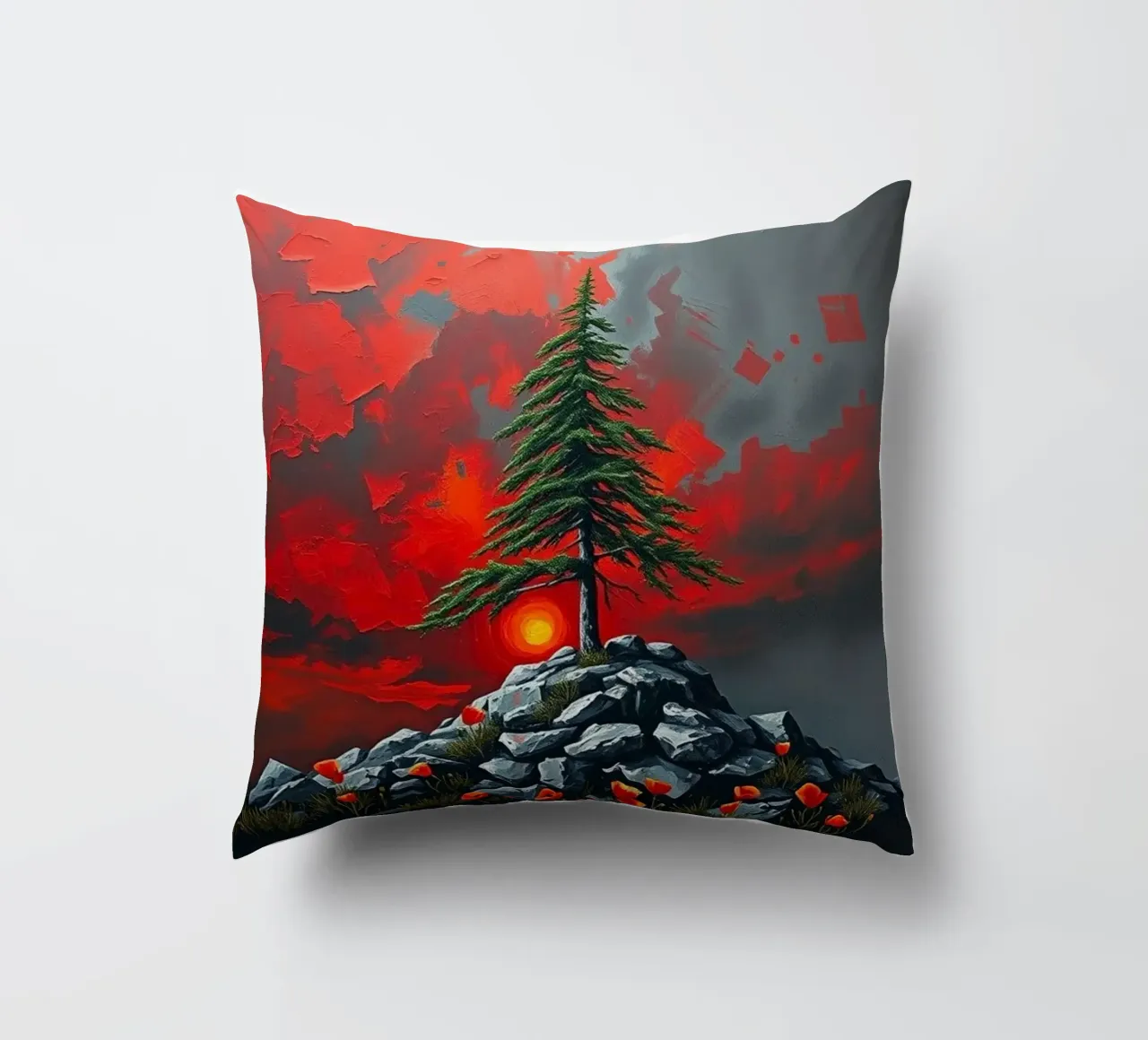 Un simbolo di resilienza in un'alba cremisi cuscino da Artistic-shop