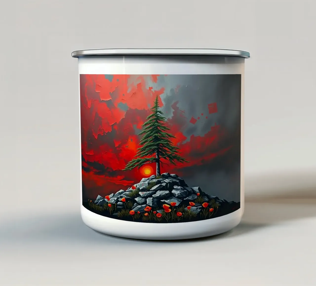 Un simbolo di resilienza in un'alba cremisi tazza in smalto da Artistic-shop