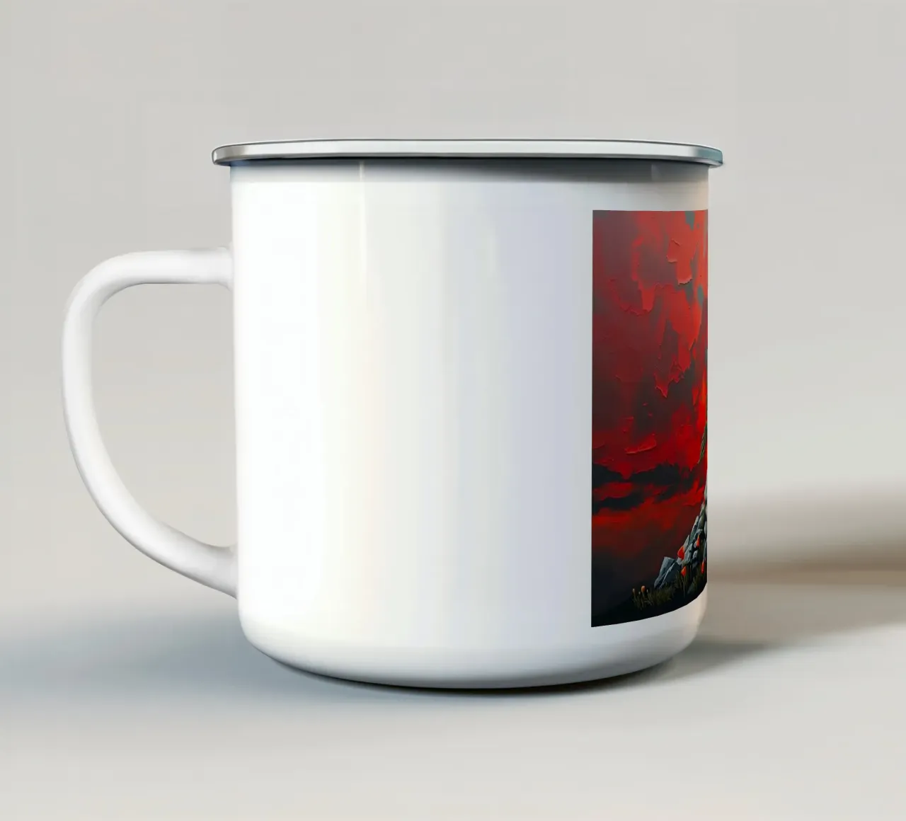 Un simbolo di resilienza in un'alba cremisi tazza in smalto da Artistic-shop