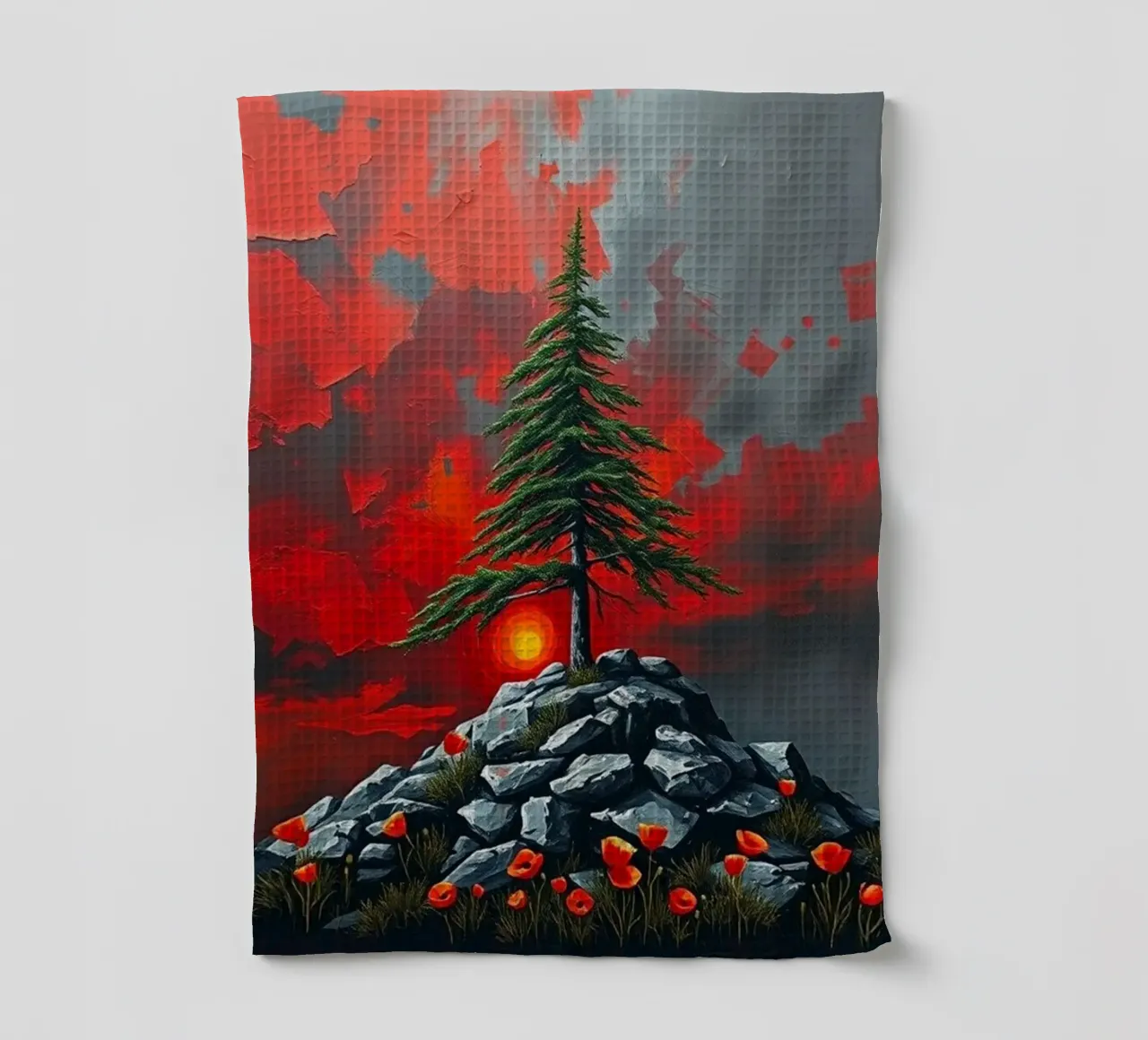 Un simbolo di resilienza in un'alba cremisi canovaccio da cucina da Artistic-shop