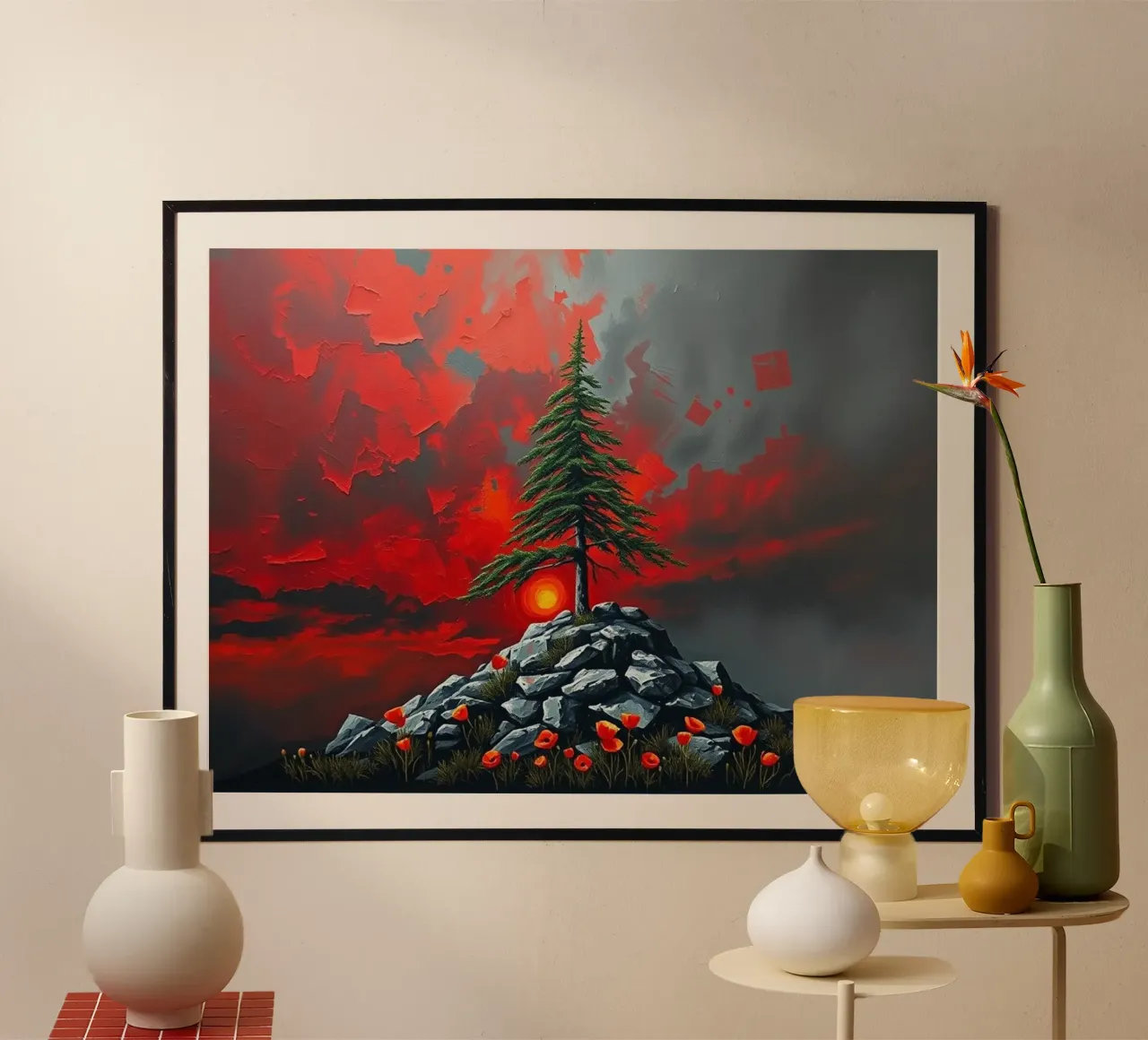 Un simbolo di resilienza in un'alba cremisi poster con telaio in plastica da Artistic-shop