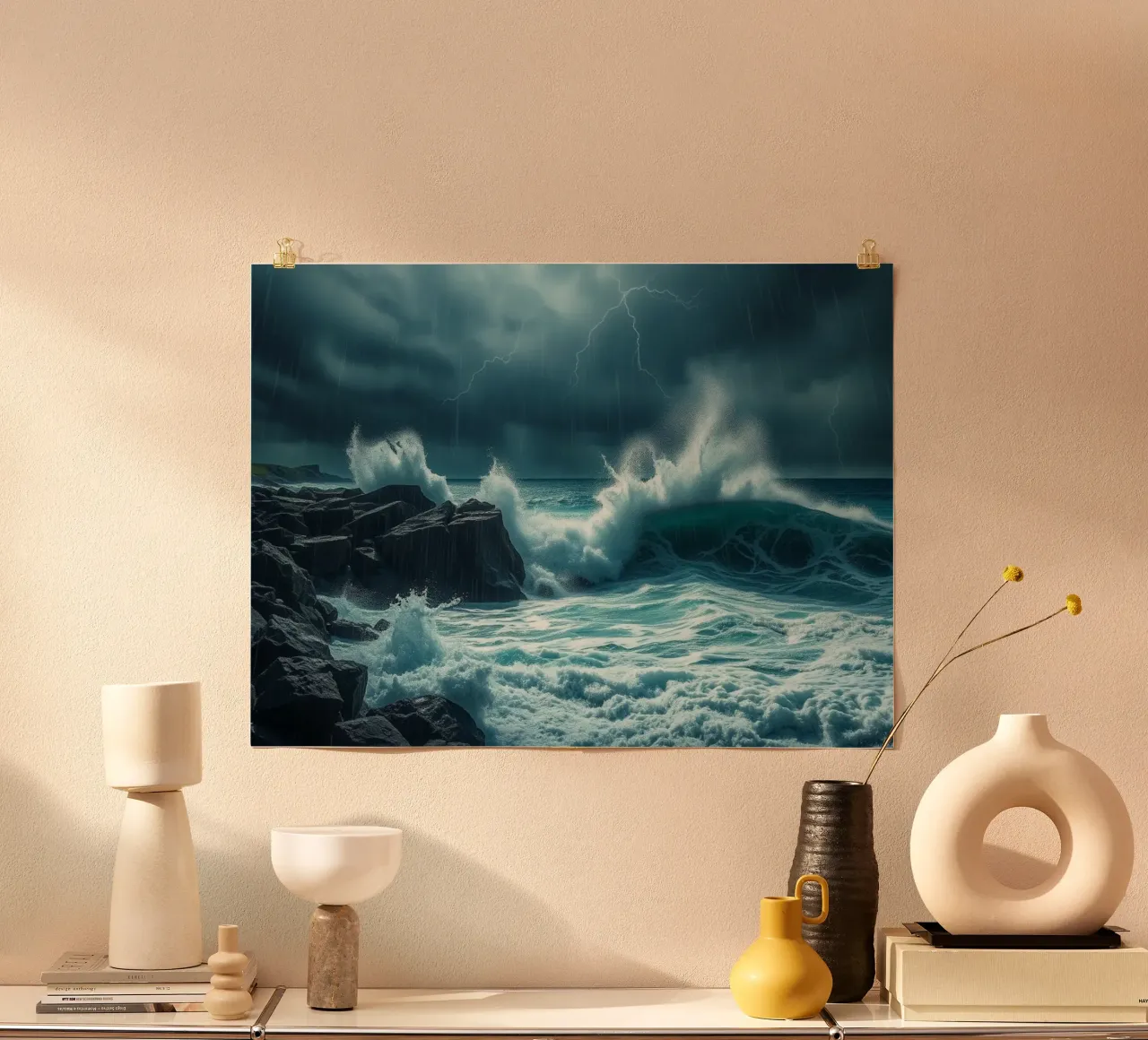 Onde oceaniche drammatiche che si infrangono contro la costa rocciosa poster con telaio in plastica da Artistic-shop