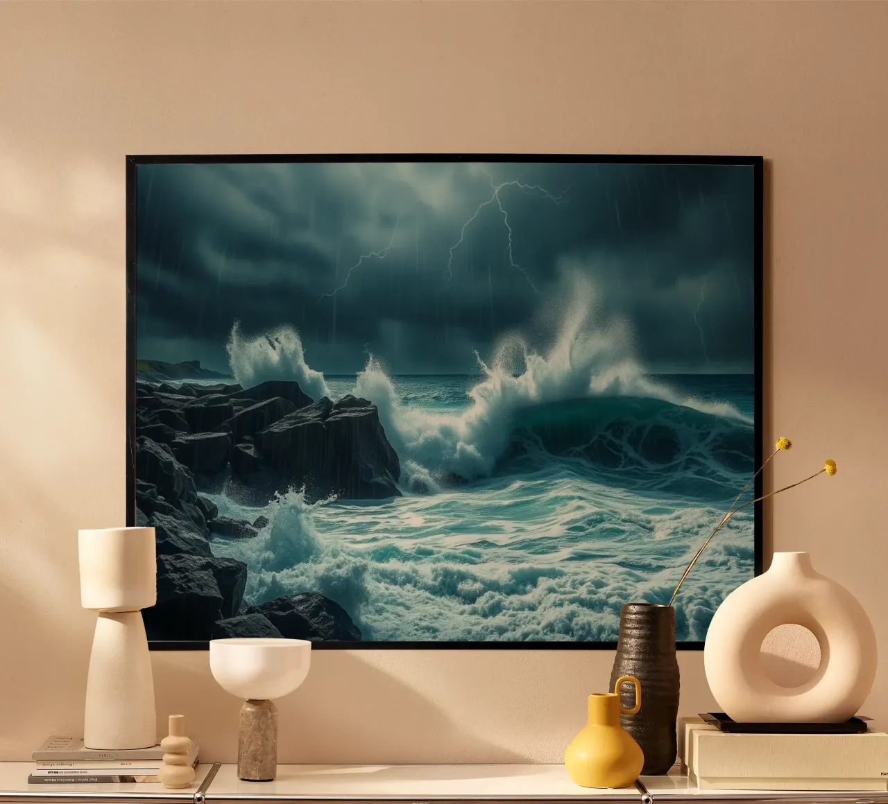 Onde oceaniche drammatiche che si infrangono contro la costa rocciosa poster con telaio in plastica da Artistic-shop