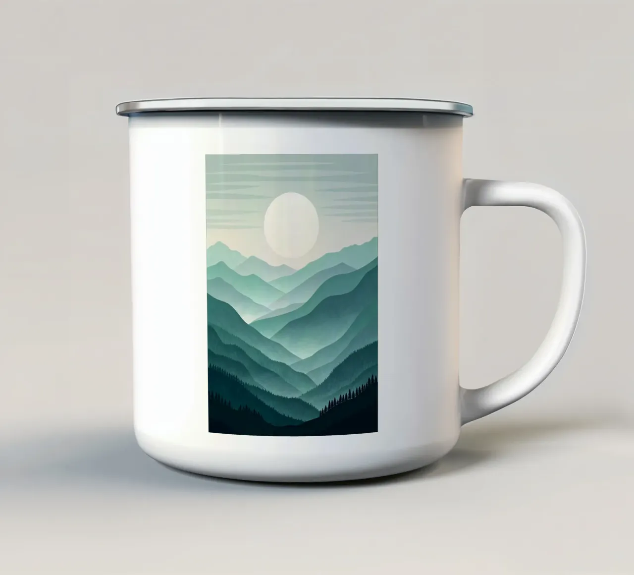 Een rustig uitzicht: Lagen van groenblauw en groene bergen emaille mok van Artistic-shop