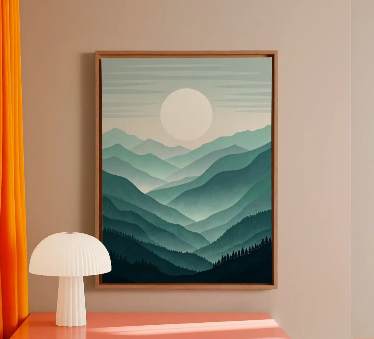 A Tranquil Vista: Layers of Teal and Green Mountains canvas with Floater frame by Artistic-shop