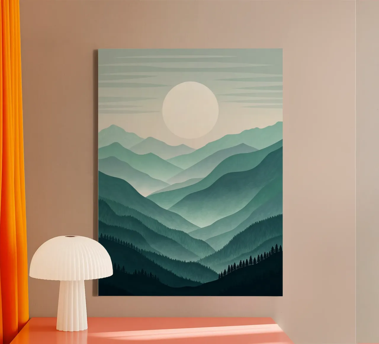 A Tranquil Vista: Layers of Teal and Green Mountains canvas with Floater frame by Artistic-shop
